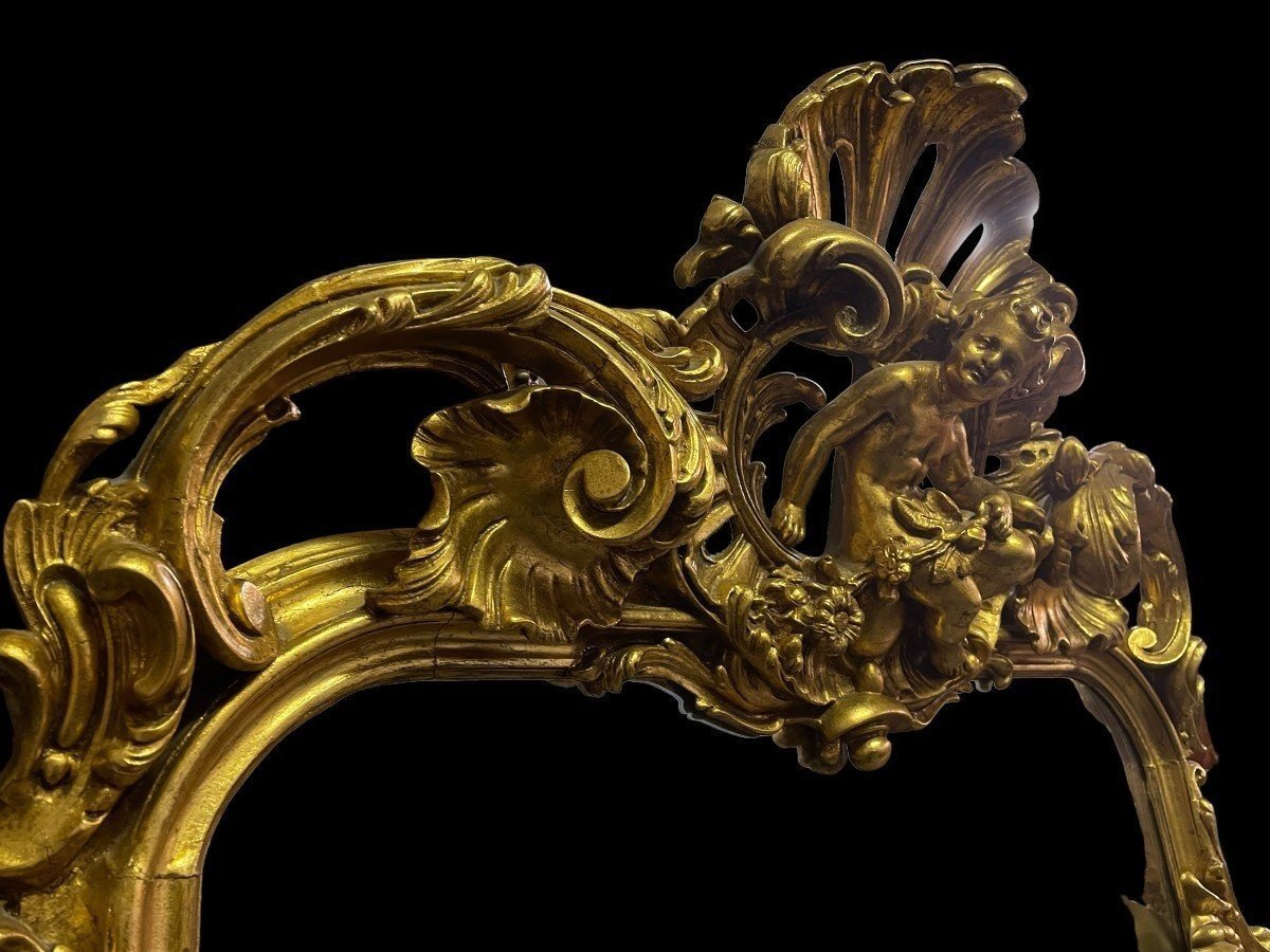 Grand Miroir De Style Louis XV Avec Putti En Bois Doré 19ème.-photo-3