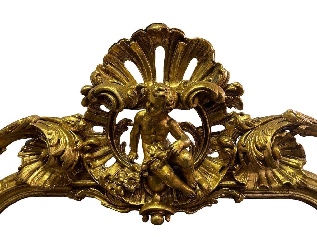 Grand Miroir De Style Louis XV Avec Putti En Bois Doré 19ème.-photo-4