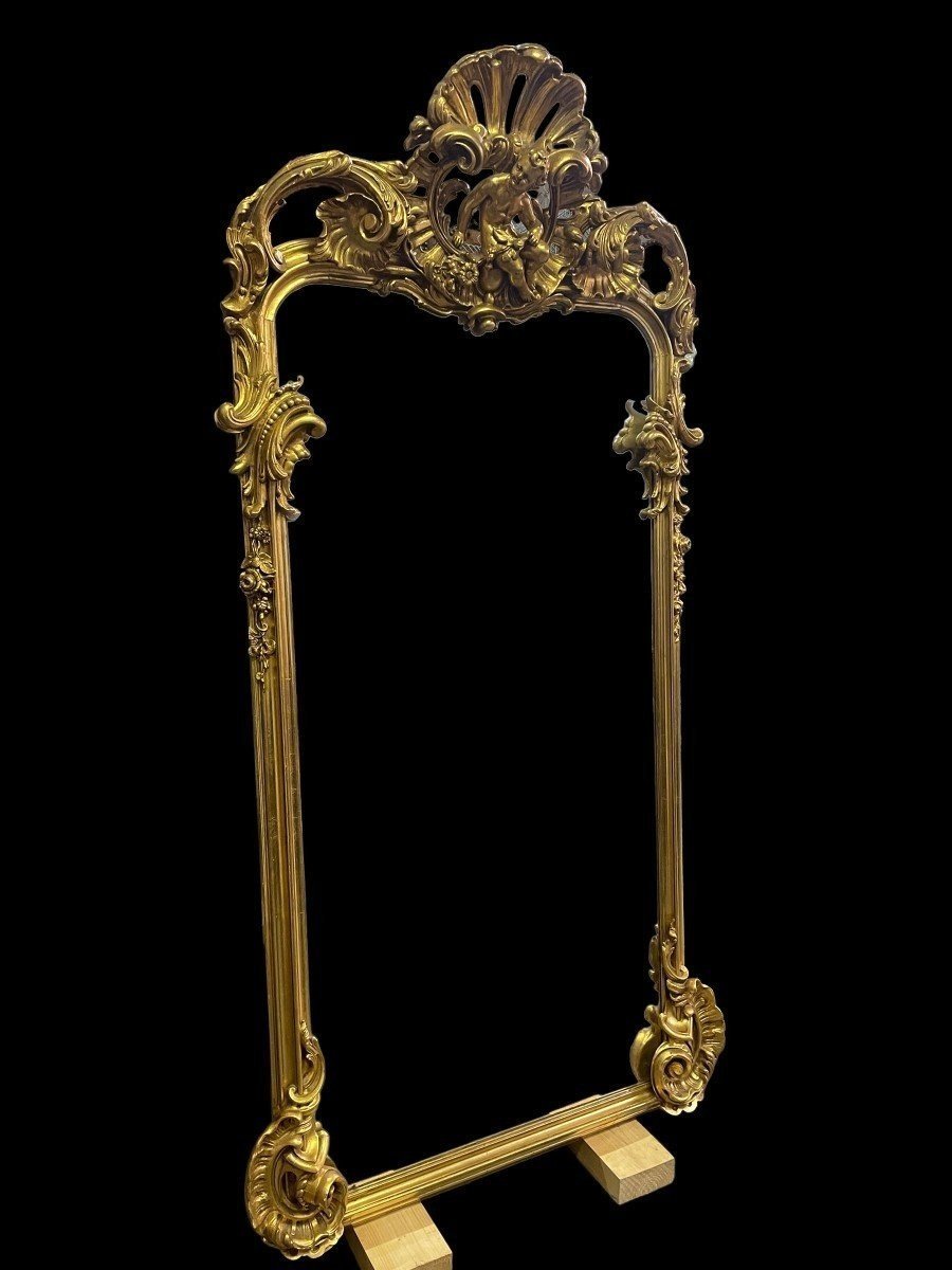 Grand Miroir De Style Louis XV Avec Putti En Bois Doré 19ème.-photo-5