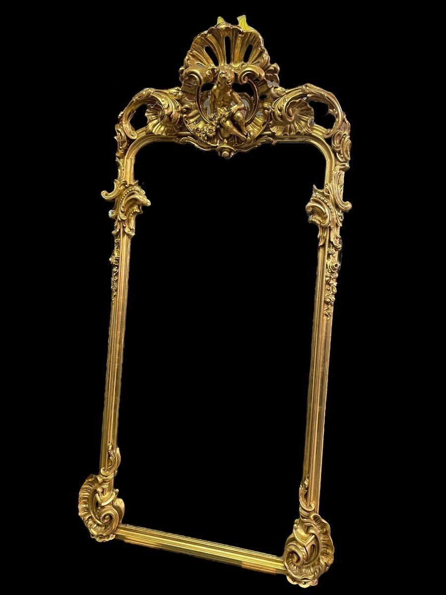 Grand Miroir De Style Louis XV Avec Putti En Bois Doré 19ème.-photo-6