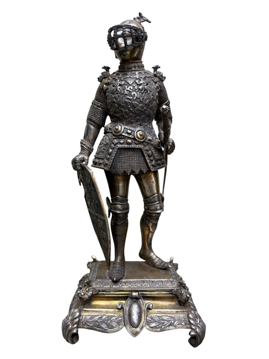 Belle sculpture « chevalier en armure » en argent, Hanau , XIXe siècle.-photo-7
