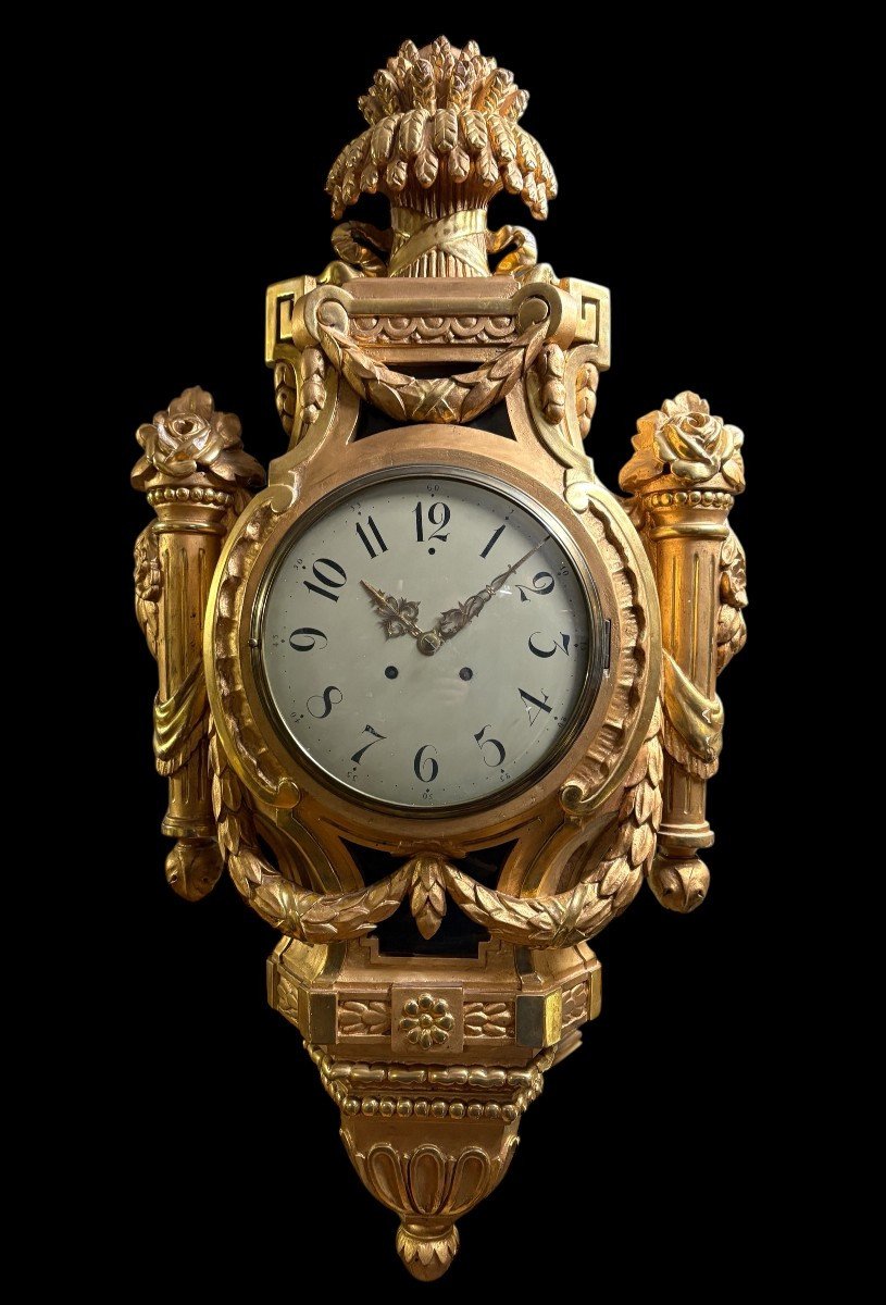 Large Swedish Gilded Wooden Cartel Clock  In The Louis XVI Style, 19th Century. (97 Cm)-photo-3