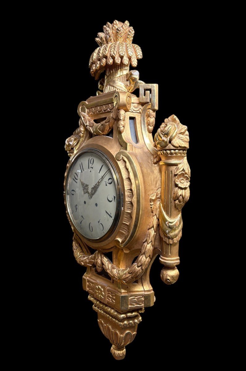 Large Swedish Gilded Wooden Cartel Clock  In The Louis XVI Style, 19th Century. (97 Cm)-photo-4