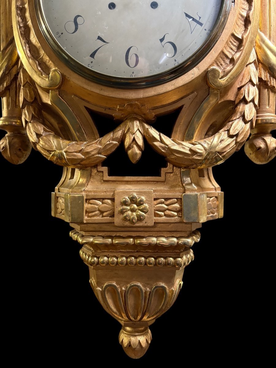 Large Swedish Gilded Wooden Cartel Clock  In The Louis XVI Style, 19th Century. (97 Cm)-photo-5