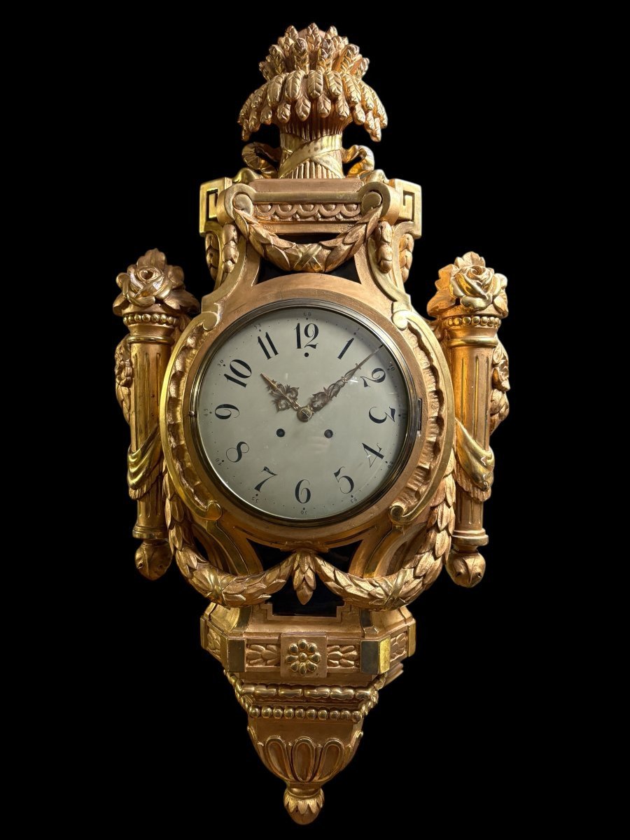 Large Swedish Gilded Wooden Cartel Clock  In The Louis XVI Style, 19th Century. (97 Cm)