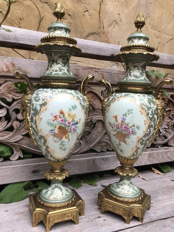 Pair Of Porcelain And Gilded Bronze Vases, Late 19th Century.-photo-2