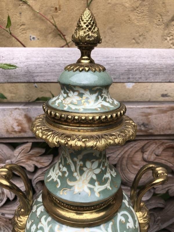Pair Of Porcelain And Gilded Bronze Vases, Late 19th Century.-photo-3