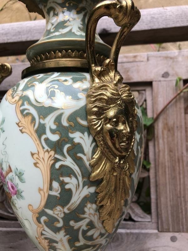 Pair Of Porcelain And Gilded Bronze Vases, Late 19th Century.-photo-3
