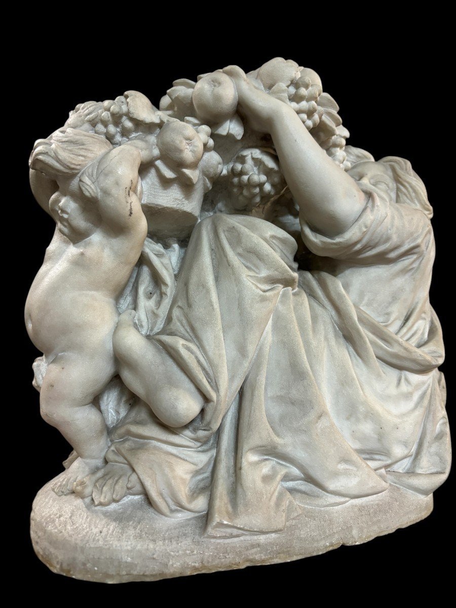 19th-century Carrara Marble Sculpture Entitled ‘woman And Putti Carrying Baskets Of Fruit’.-photo-2