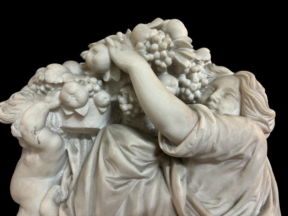 19th-century Carrara Marble Sculpture Entitled ‘woman And Putti Carrying Baskets Of Fruit’.-photo-3