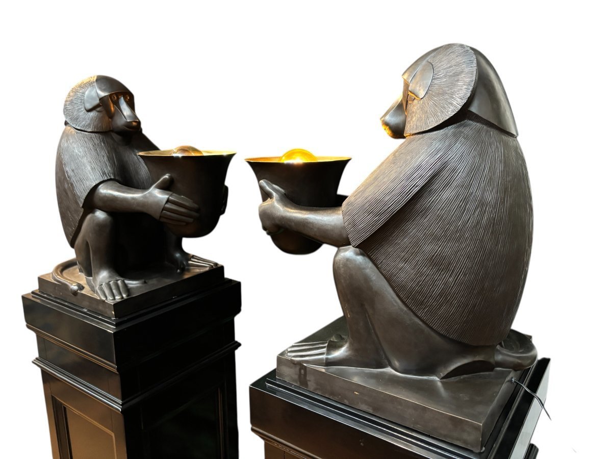 Paire de grandes lampes en bronze « Babouins » style ART DECO-photo-6