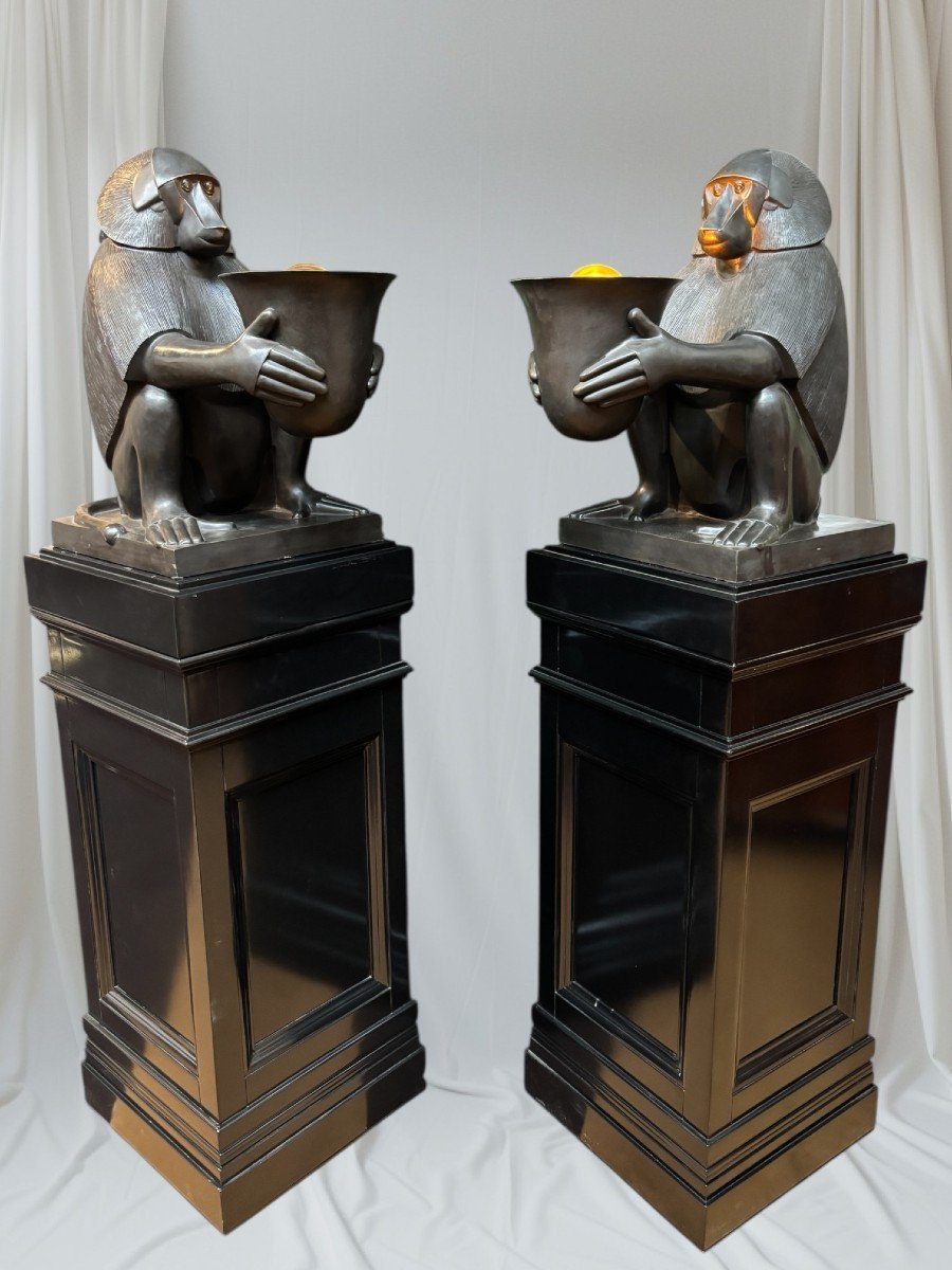 Paire de grandes lampes en bronze « Babouins » style ART DECO-photo-8
