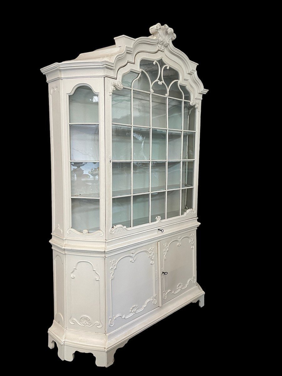 Charming, Large Louis XV Display Cabinet With A White Patina, 18th Century.