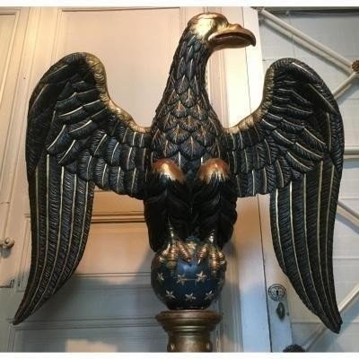 Large Carved And Polychrome Wooden Eagle, 18th Century.