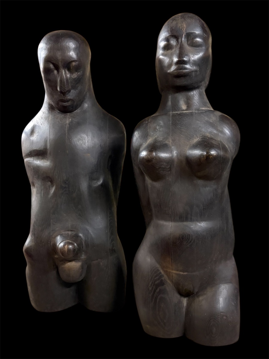 Paire de torses en bois de chêne noirci, vers 1973 . -photo-3