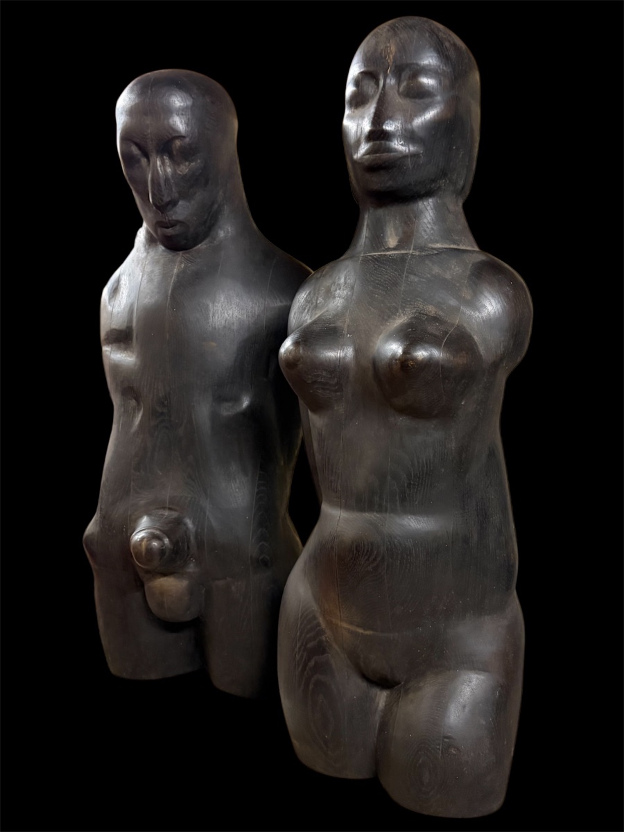 Paire de torses en bois de chêne noirci, vers 1973 . -photo-4