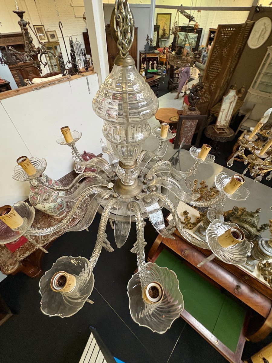 Grand lustre large en verre 10 bras de lumière, fin du XIXe siècle.-photo-7