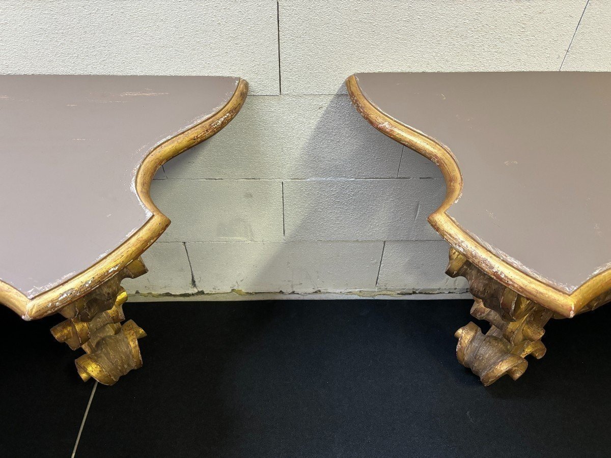 Paire De Grandes Consoles En Bois Doré, Italie 18ème.-photo-7
