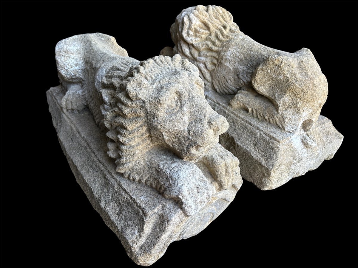 Paire de sculptures « lions couchés » en pierre de France du XVIIe siècle.-photo-7