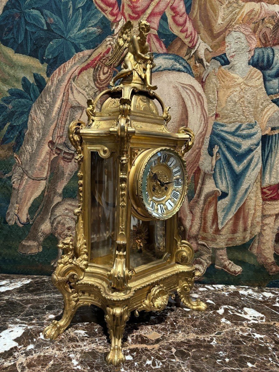 Grande Pendule En Bronze Doré Et Verre Taillé Du 19ème ( 80 Cm ).-photo-2