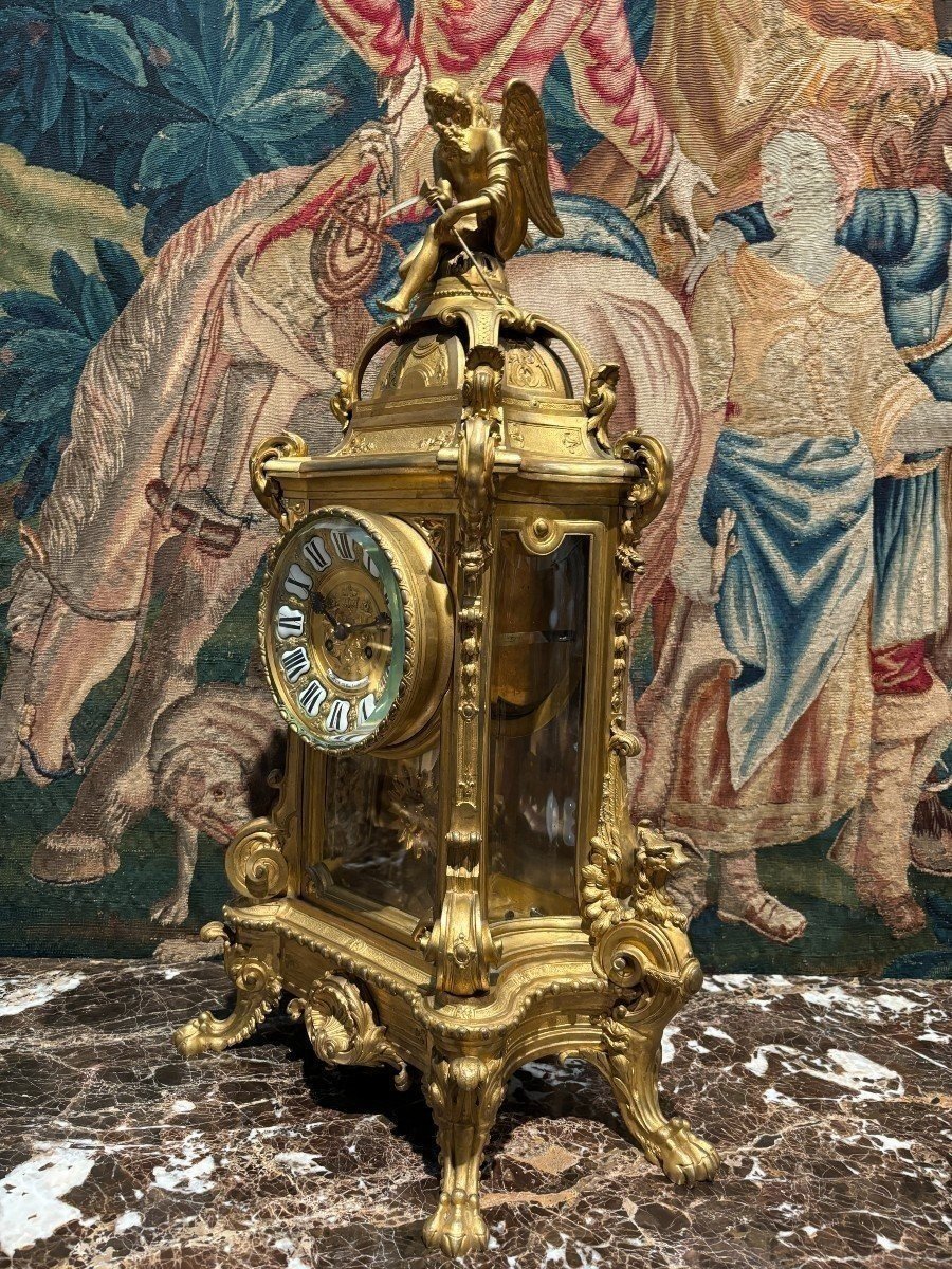 Grande Pendule En Bronze Doré Et Verre Taillé Du 19ème ( 80 Cm ).-photo-4