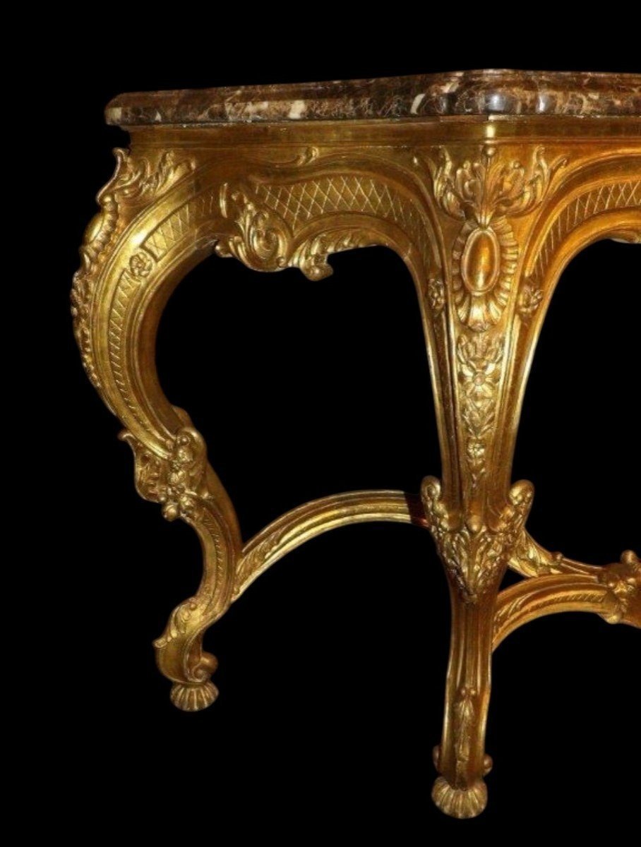 Large 4-legged Louis XV-style Console Table In Gilded Wood, 19th Century.-photo-2