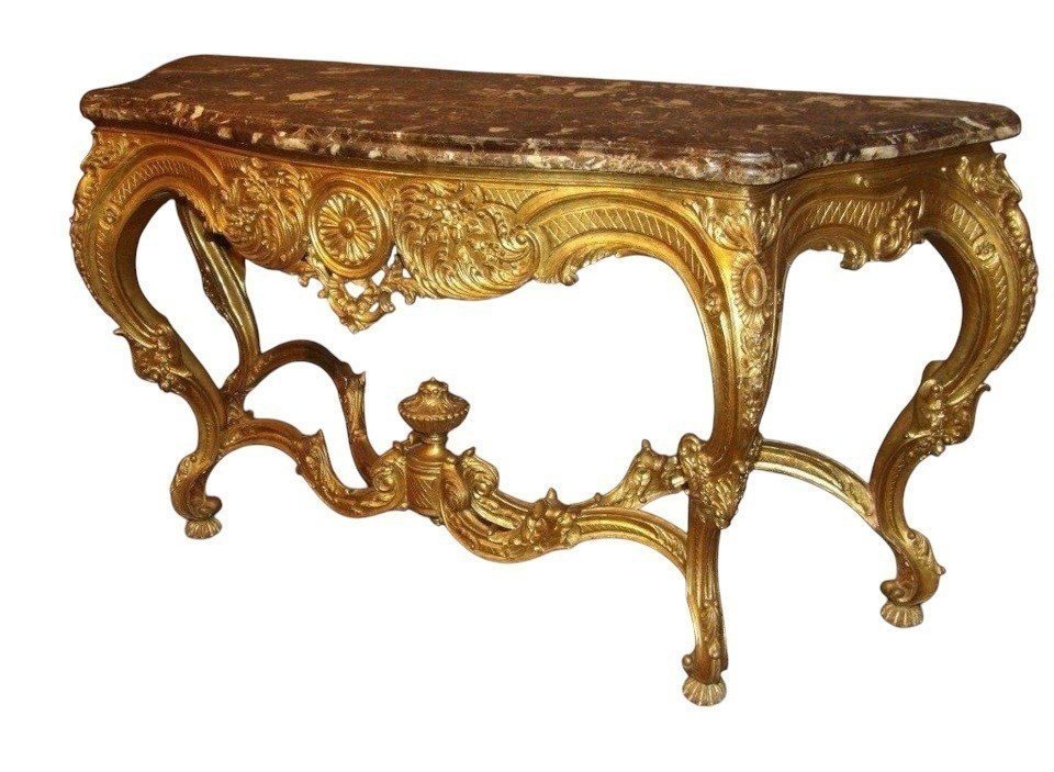 Large 4-legged Louis XV-style Console Table In Gilded Wood, 19th Century.