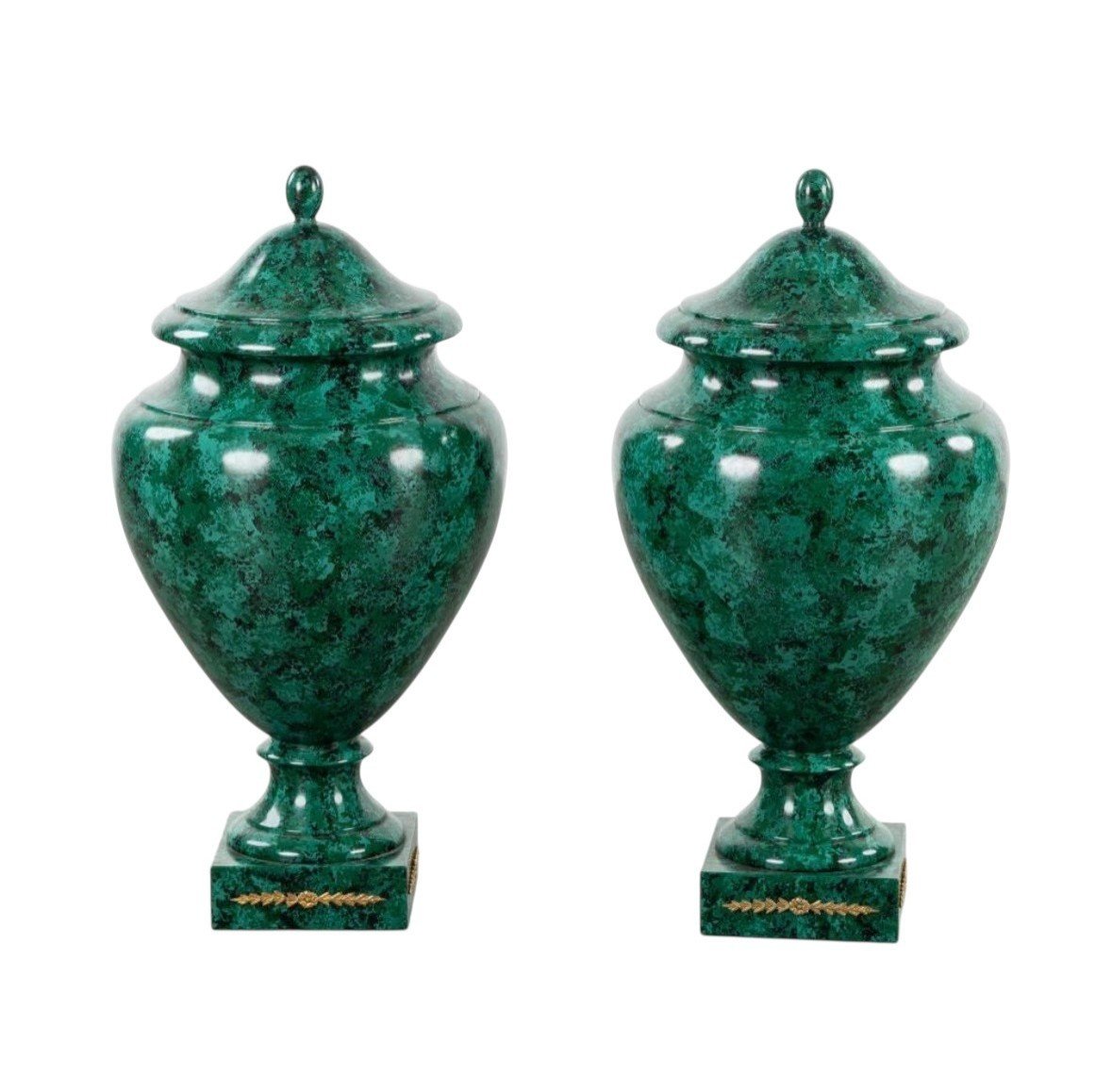 Pair Of Wooden Vases (70 Cm) Painted To Resemble Malachite, 20th Century.-photo-2