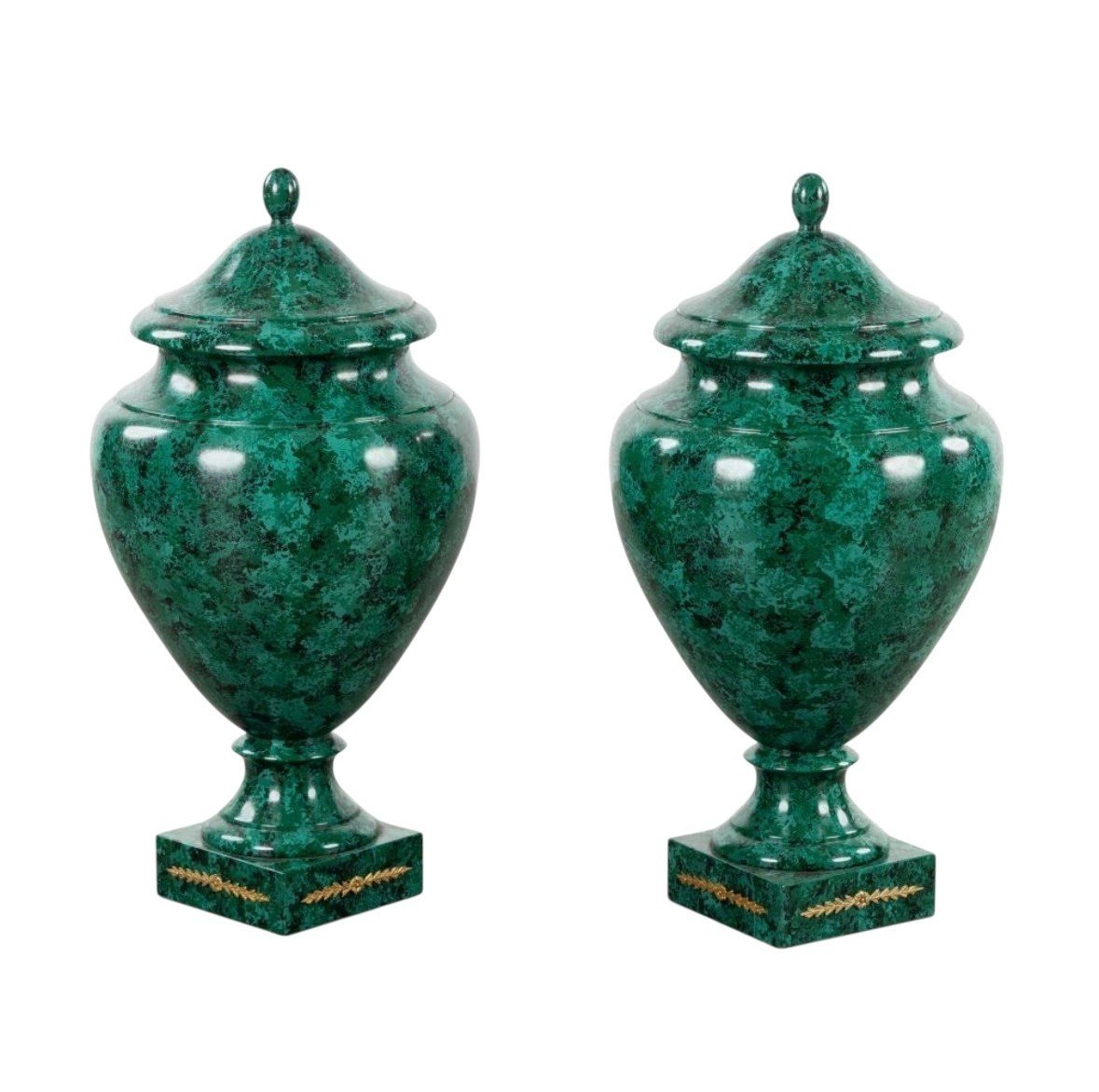 Pair Of Wooden Vases (70 Cm) Painted To Resemble Malachite, 20th Century.-photo-4