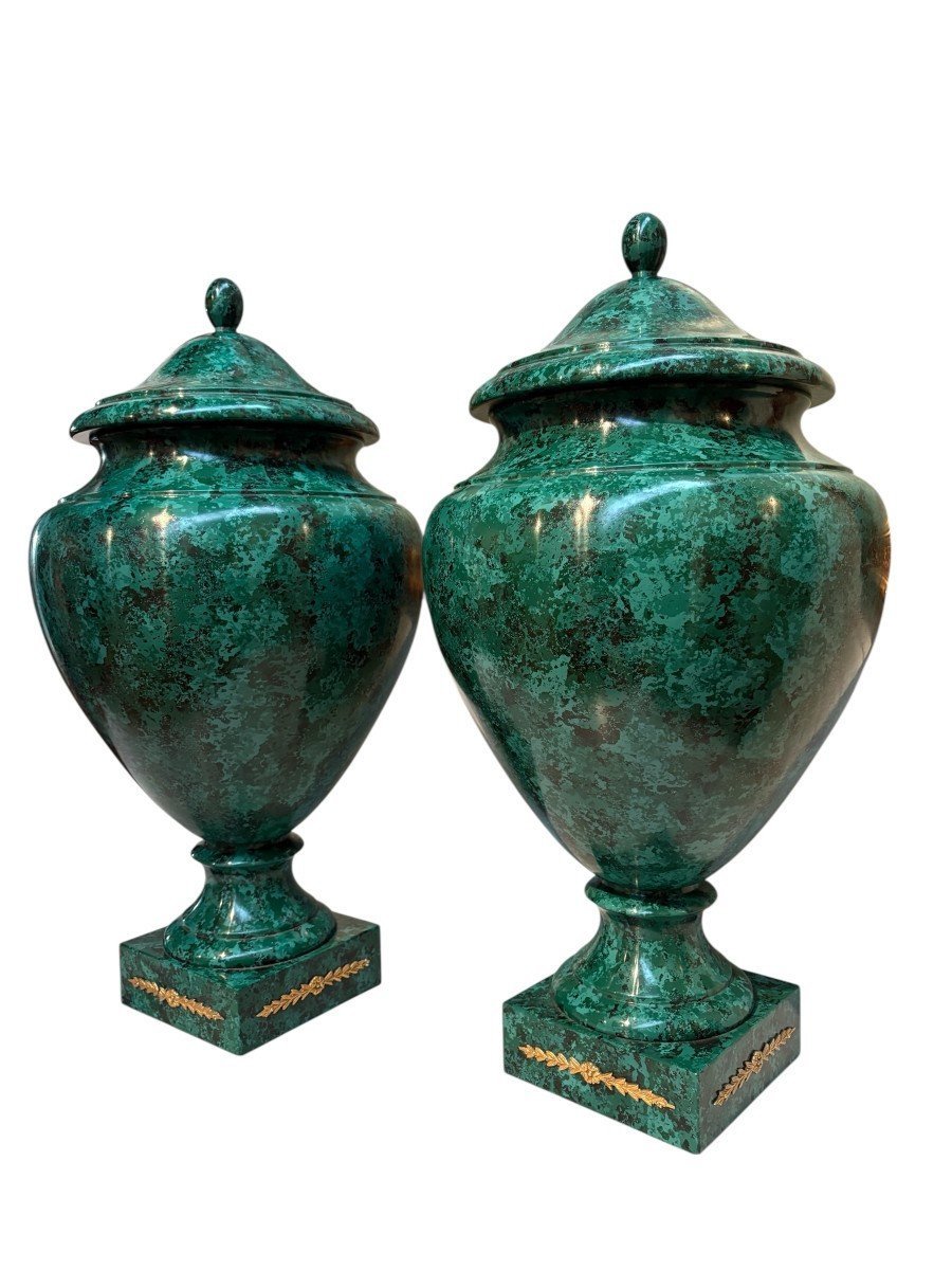 Pair Of Wooden Vases (70 Cm) Painted To Resemble Malachite, 20th Century.-photo-2