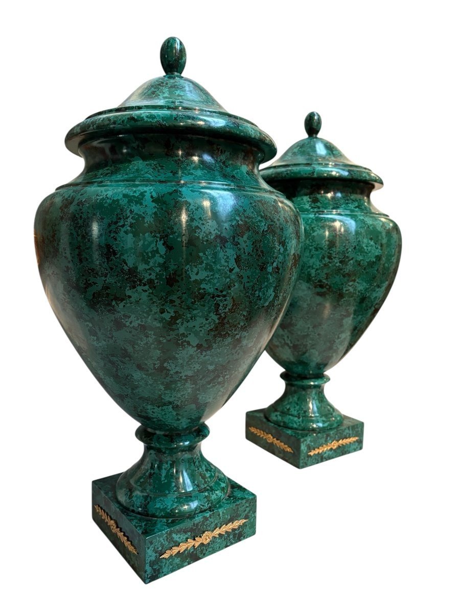 Pair Of Wooden Vases (70 Cm) Painted To Resemble Malachite, 20th Century.