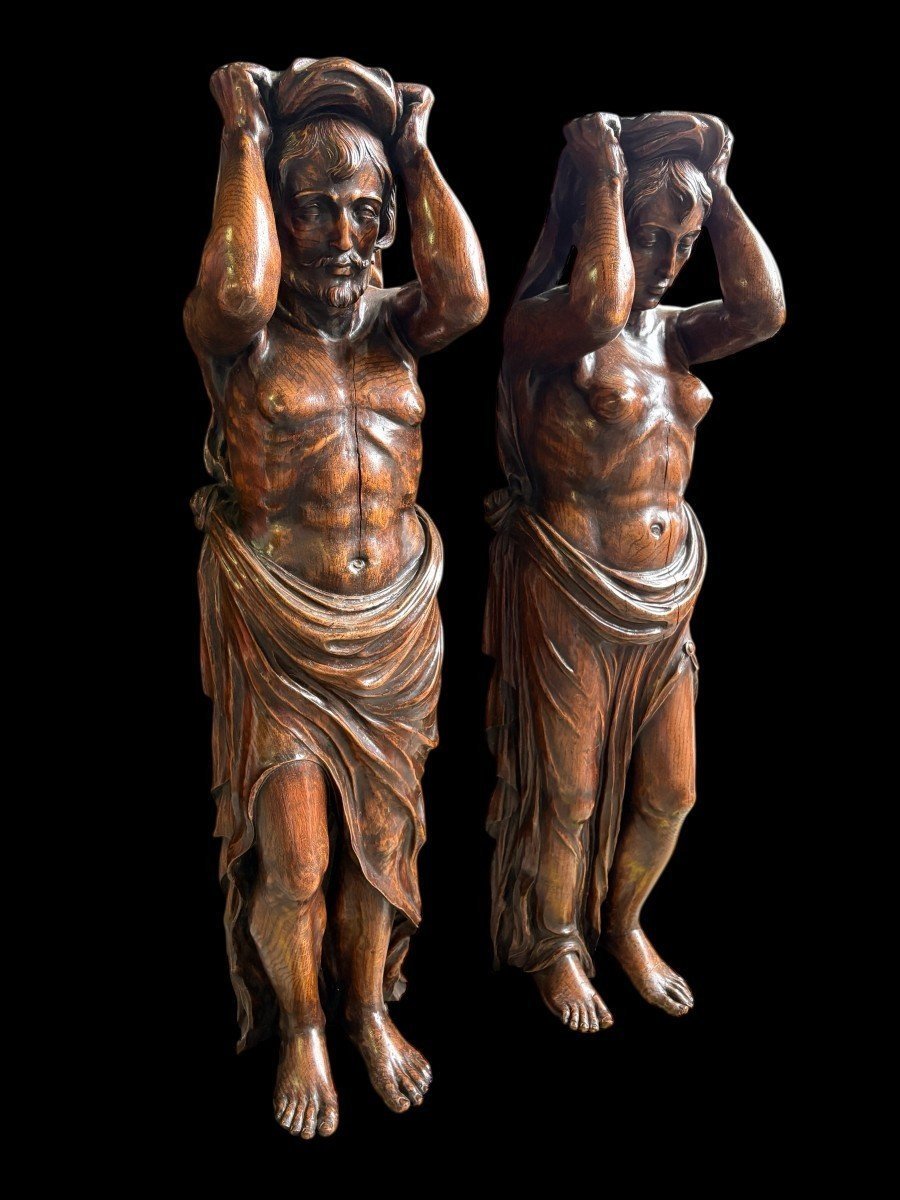 Pair Of Renaissance-style Sculptures / Caryatids Made Of Oak, Early 19th Century-photo-2
