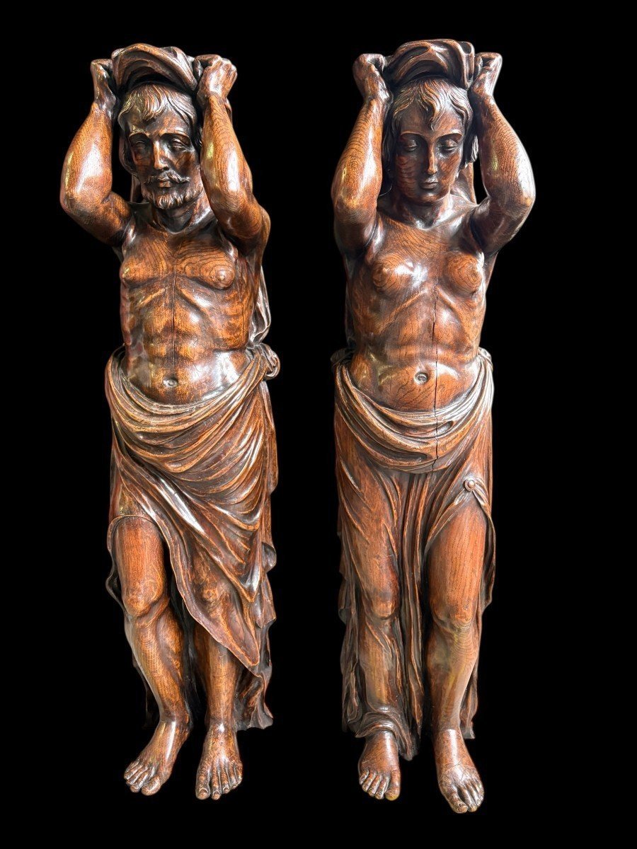 Pair Of Renaissance-style Sculptures / Caryatids Made Of Oak, Early 19th Century-photo-3