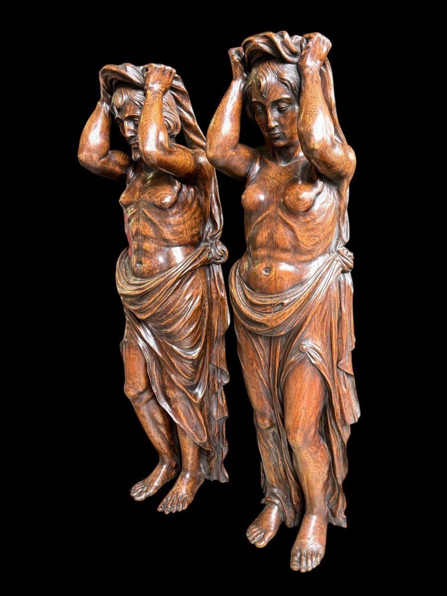 Pair Of Renaissance-style Sculptures / Caryatids Made Of Oak, Early 19th Century-photo-4