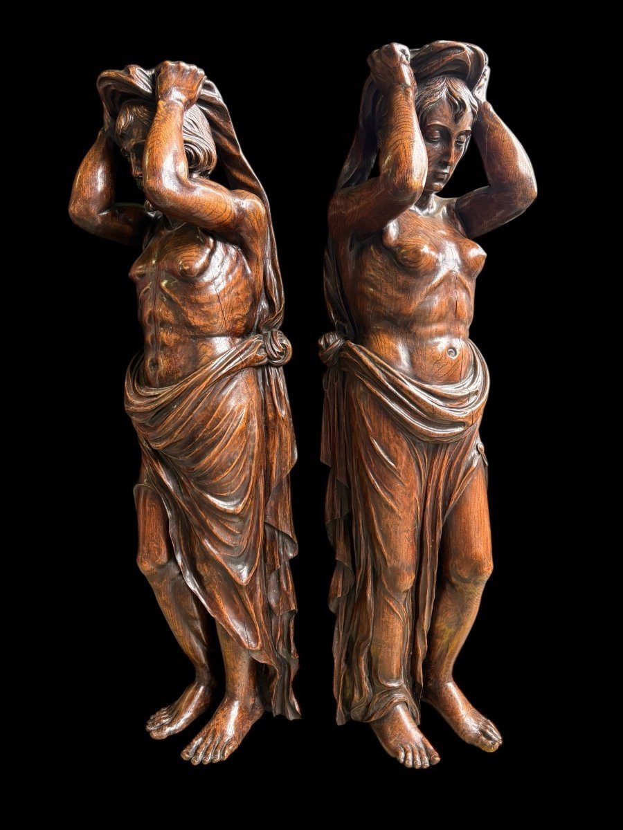 Pair Of Renaissance-style Sculptures / Caryatids Made Of Oak, Early 19th Century-photo-5