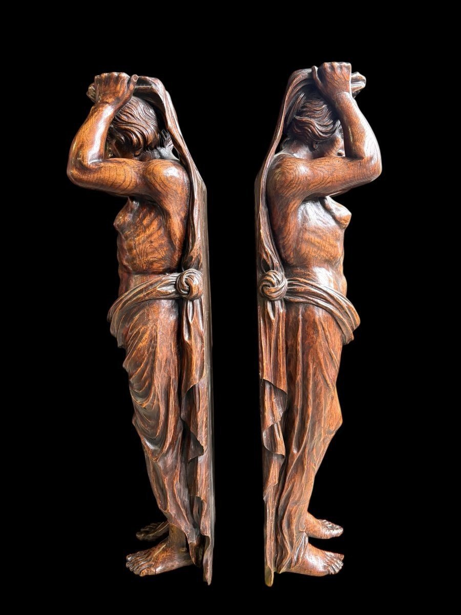Pair Of Renaissance-style Sculptures / Caryatids Made Of Oak, Early 19th Century-photo-6
