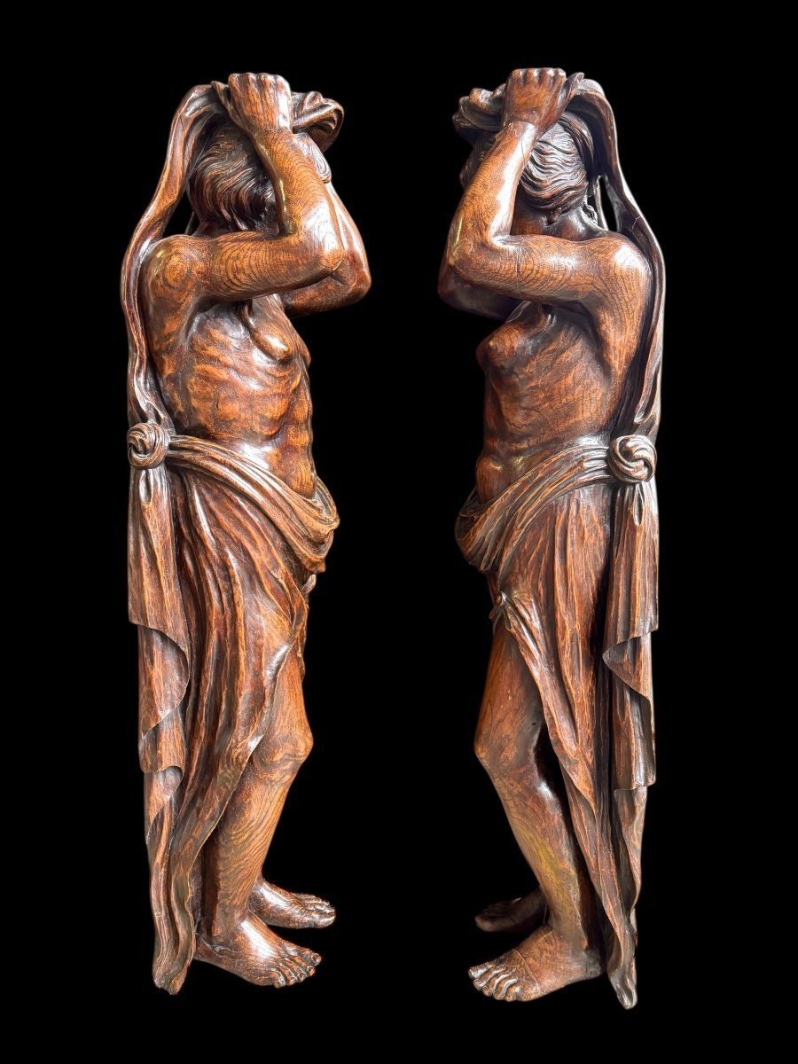 Pair Of Renaissance-style Sculptures / Caryatids Made Of Oak, Early 19th Century-photo-7