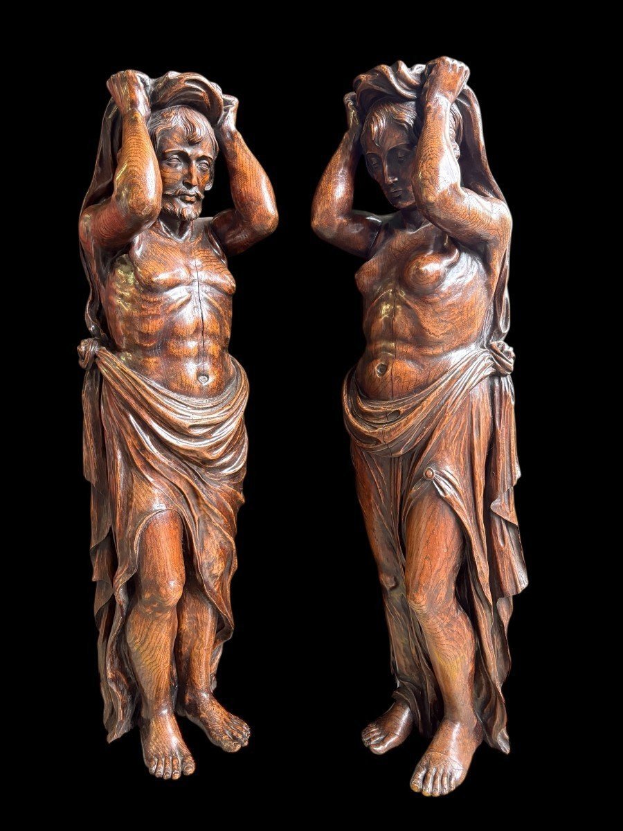 Pair Of Renaissance-style Sculptures / Caryatids Made Of Oak, Early 19th Century
