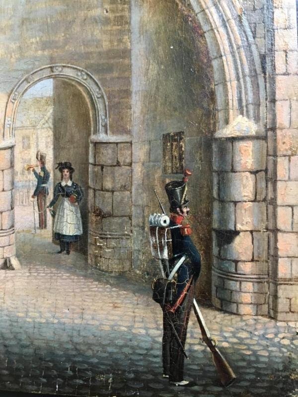 Petite Peinture H/p Scène " Caserne " Vers 1800-photo-1