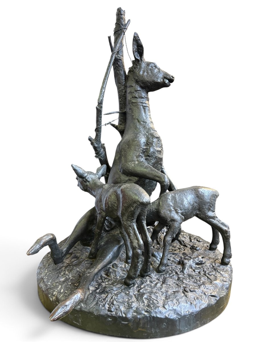 A Very Large ( 123 Cm ) 19th-century Bronze Sculpture Titled “a Doe Caught In A Snare.”-photo-3