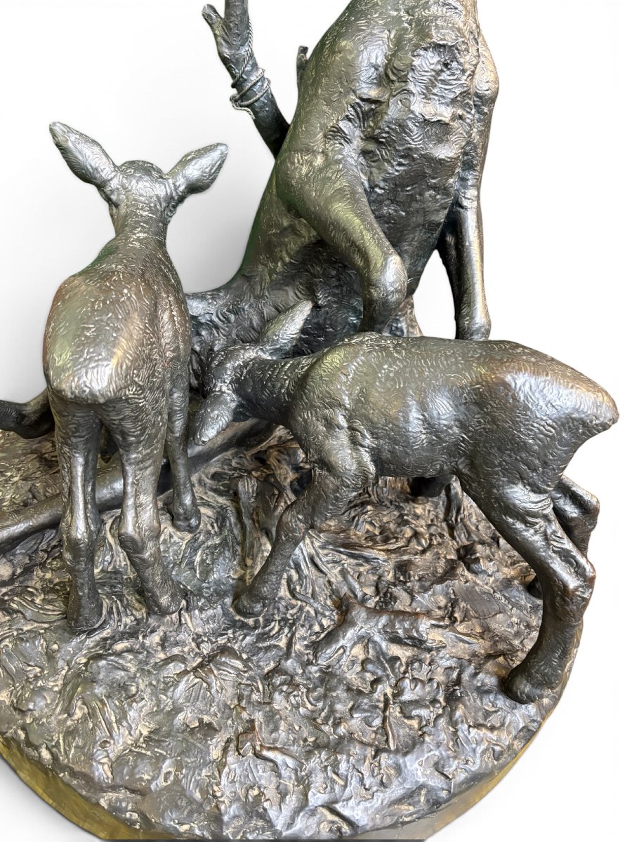 A Very Large ( 123 Cm ) 19th-century Bronze Sculpture Titled “a Doe Caught In A Snare.”-photo-2