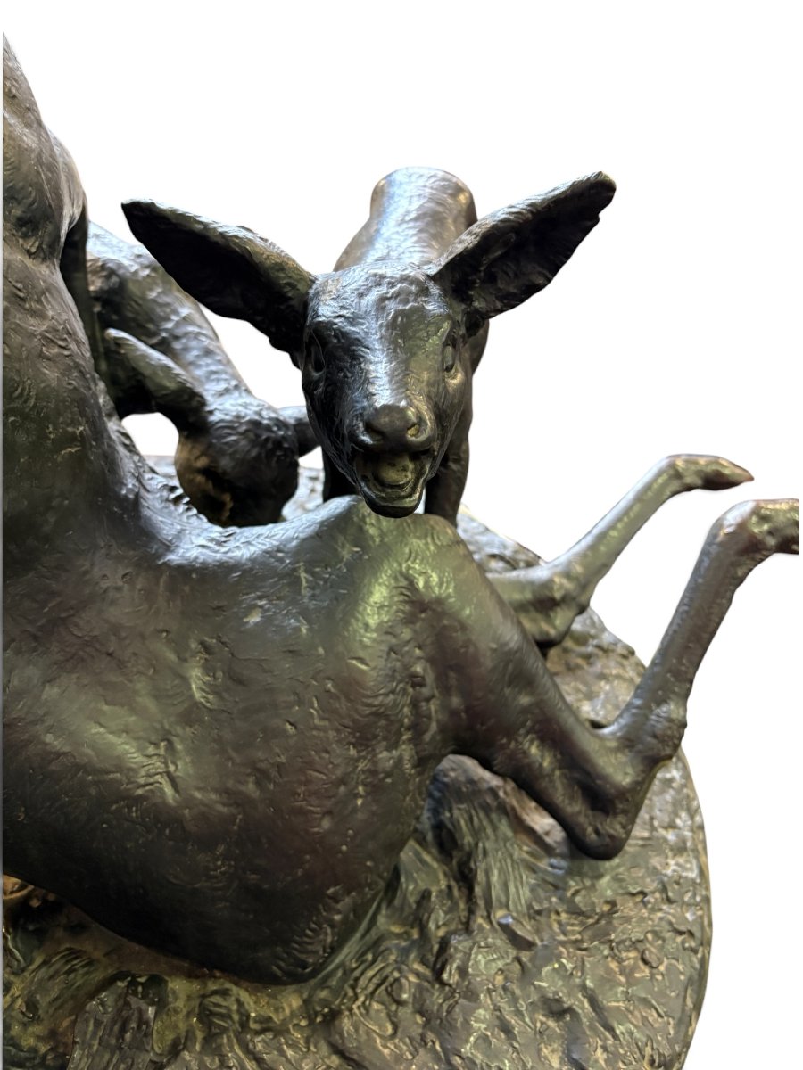 A Very Large ( 123 Cm ) 19th-century Bronze Sculpture Titled “a Doe Caught In A Snare.”-photo-6