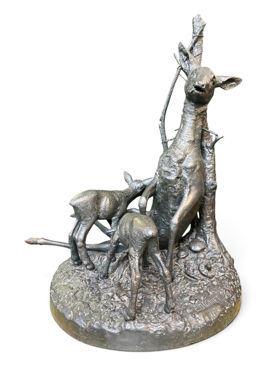 A Very Large ( 123 Cm ) 19th-century Bronze Sculpture Titled “a Doe Caught In A Snare.”