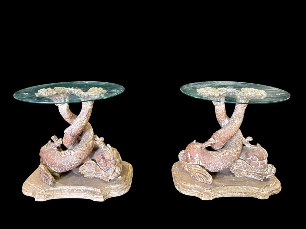 Paire de tables basses « Poissons mythologiques » en bois, fin 19ème.-photo-2