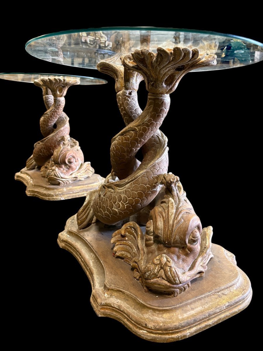 Paire de tables basses « Poissons mythologiques » en bois, fin 19ème.-photo-5