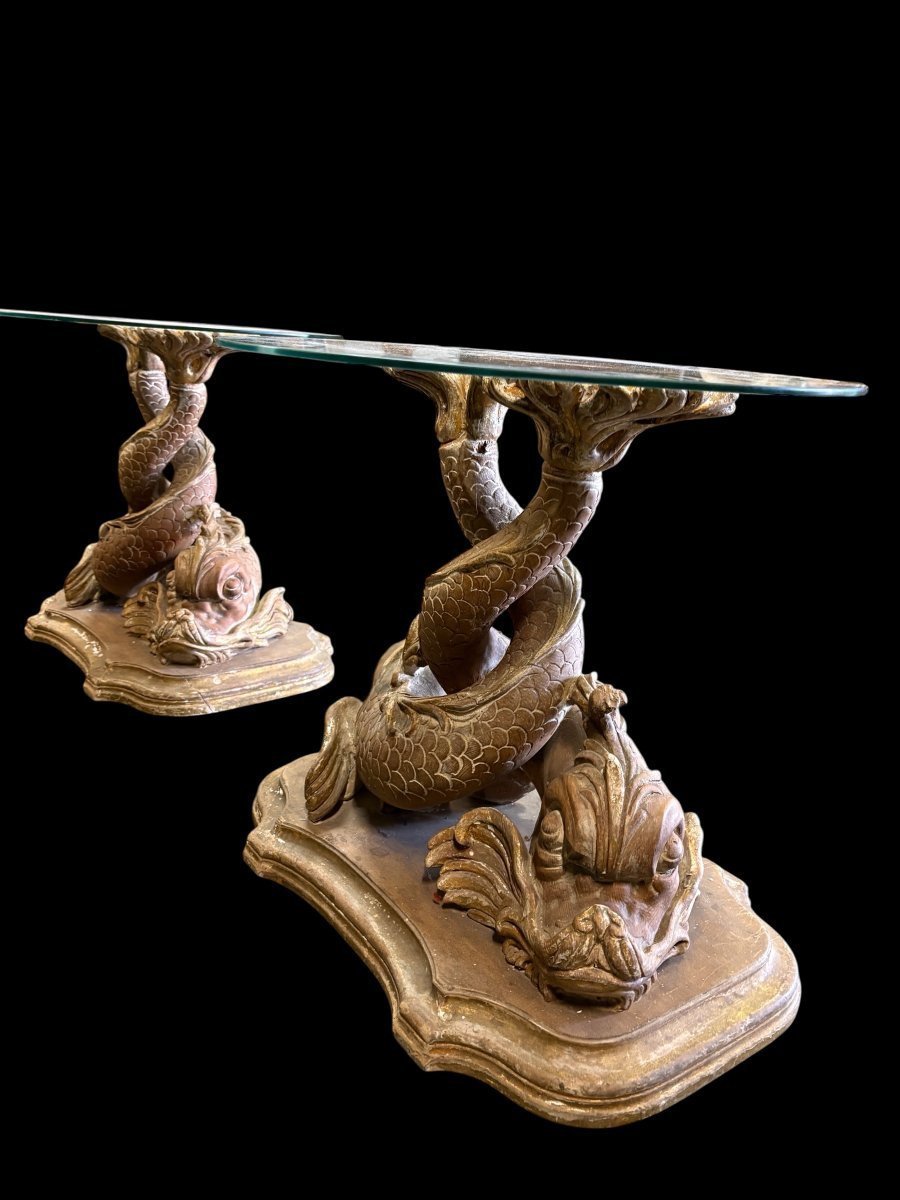 Paire de tables basses « Poissons mythologiques » en bois, fin 19ème.-photo-6