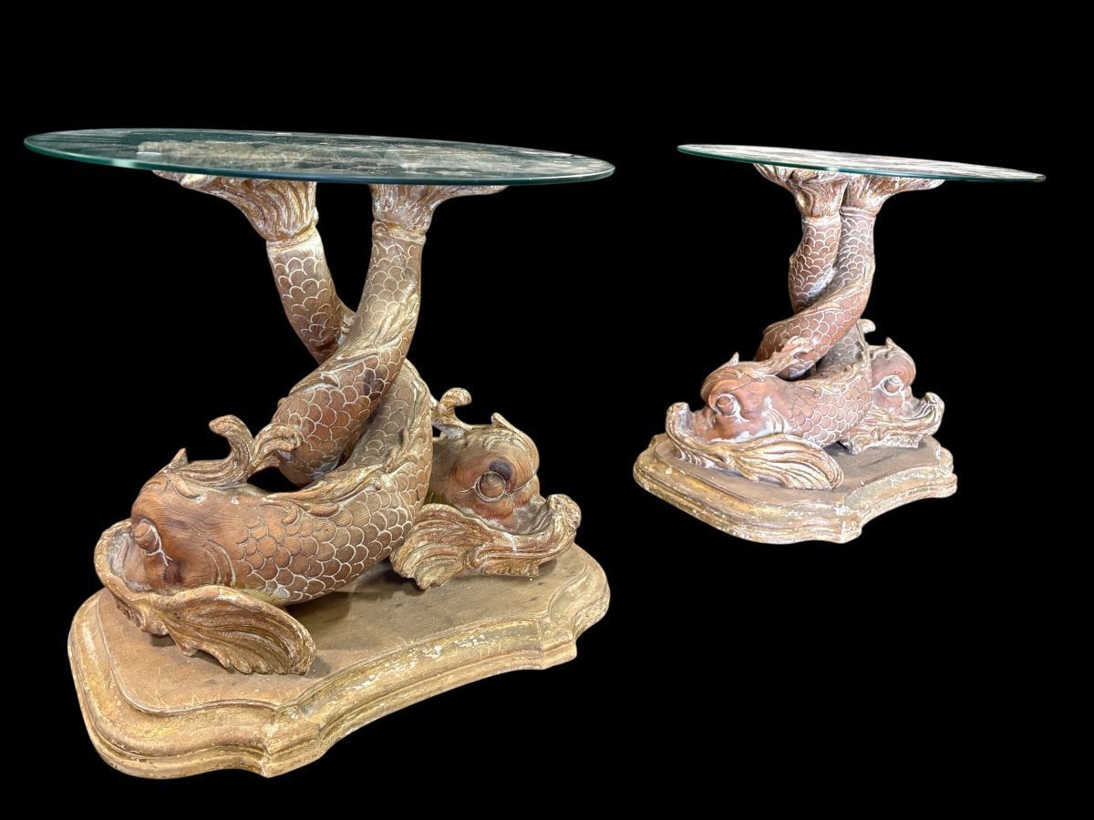 Paire de tables basses « Poissons mythologiques » en bois, fin 19ème.-photo-8