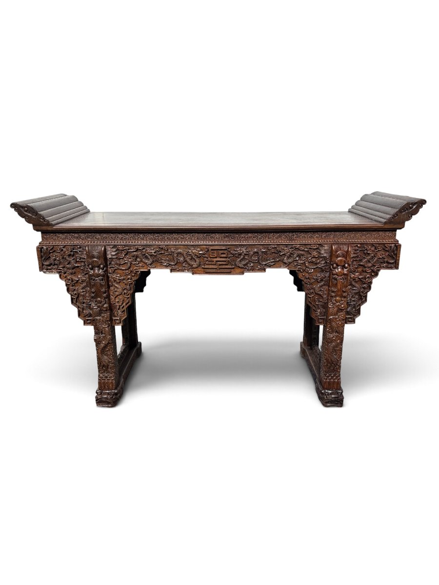 Large (230 Cm) Chinese Hardwood Console Table From The 20th Century.-photo-2