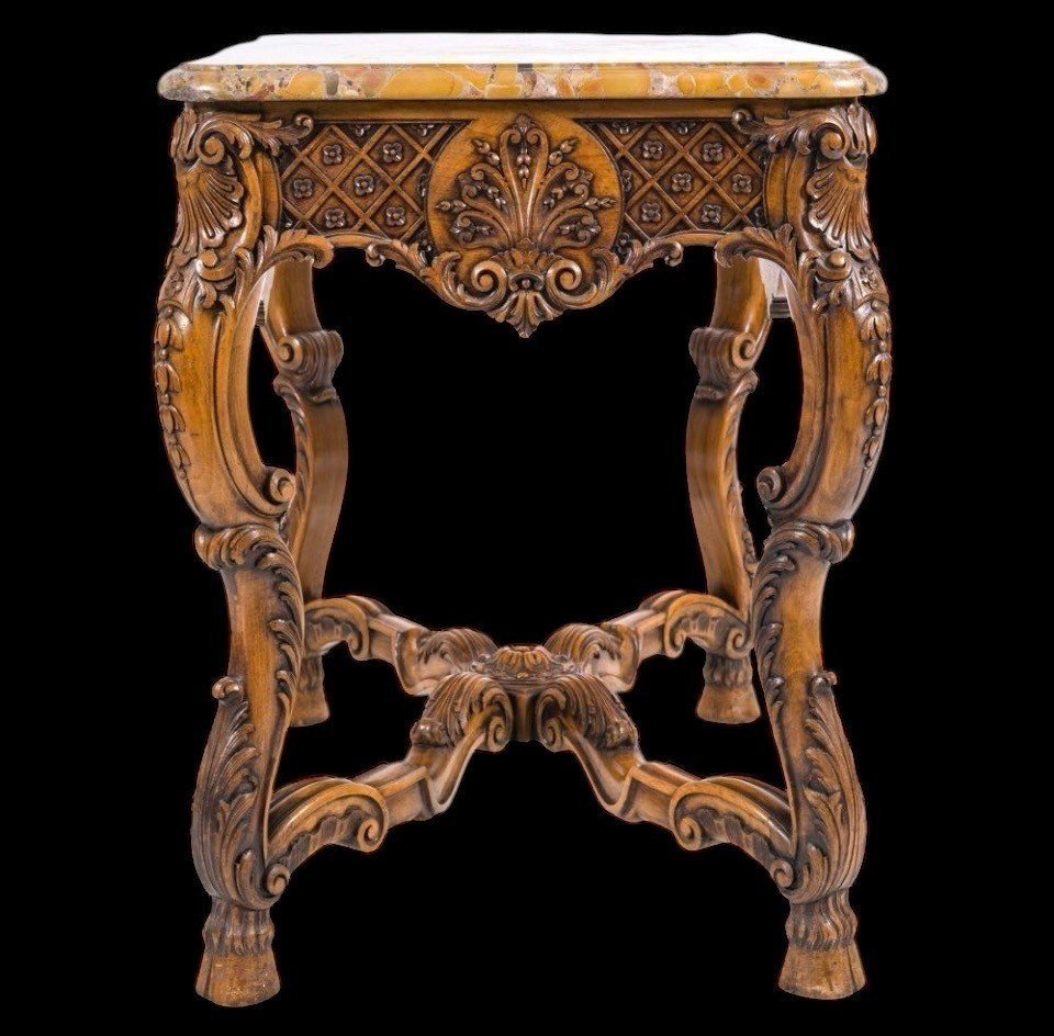 Table Centrale En Chêne Richement Sculpté Avec Un Plateau En Marbre Circa 1900-photo-4