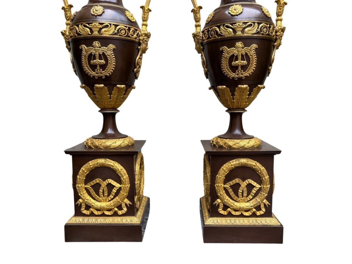 Pair Of Large Empire-style Casserole Dishes In Gilded/patinated Bronze, 19th Century.-photo-4